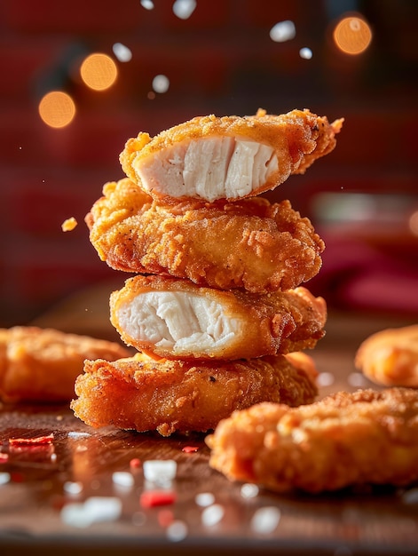 Photo crispy fried chicken tenders stacked with bokeh background in rustic setting