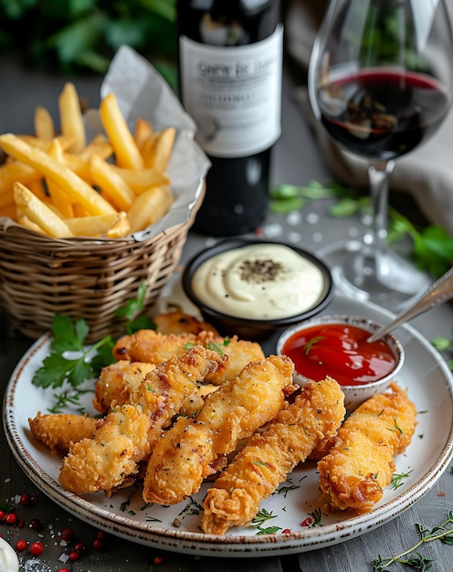 Photo crispy fried chicken tenders with dipping sauces