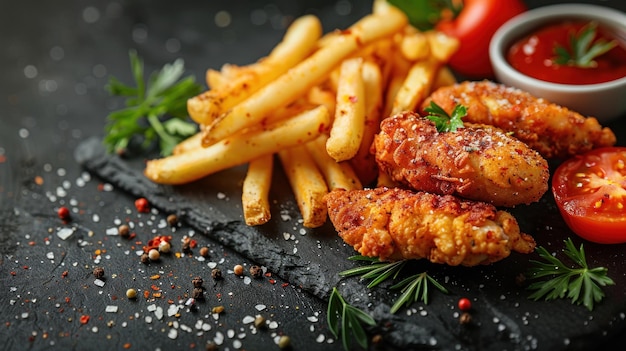 Photo crispy fried chicken tenders with french fries and tomato