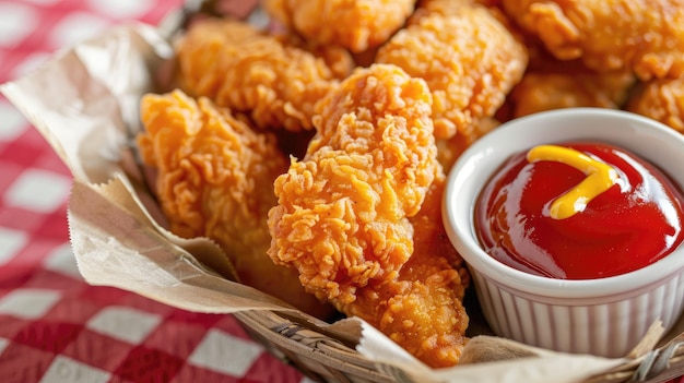 Crispy fried chicken tenders with ketchup in basket on checkered cloth