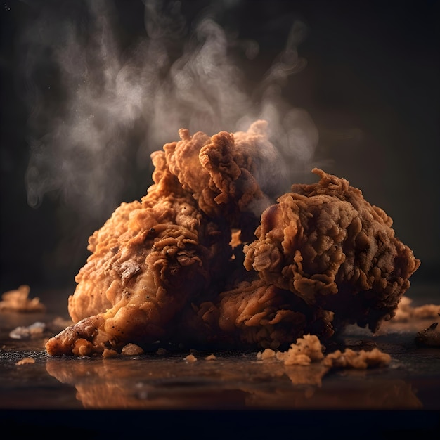 Crispy fried chicken wings on a black background with smoke