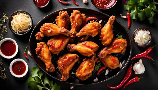 Photo crispy fried chicken wings with garlic and chili sauce