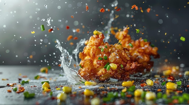 Crispy fried chicken with corn and spices splashing in water