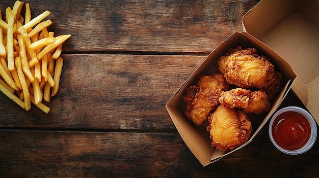 Crispy Fried Chicken with Golden French Fries on a Rustic Wooden Table