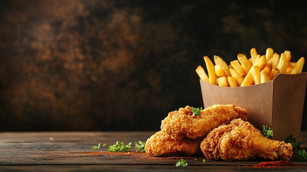 Photo crispy fried chicken with golden french fries on a rustic wooden table