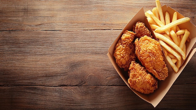 Crispy Fried Chicken with Golden French Fries on a Rustic Wooden Table