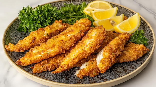 Photo crispy fried fish sticks with lemon wedges