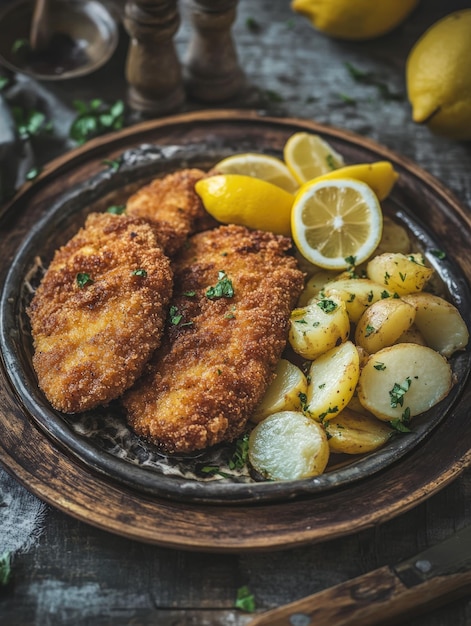 Crispy fried fish with roasted potatoes and fresh lemon slices on a plate