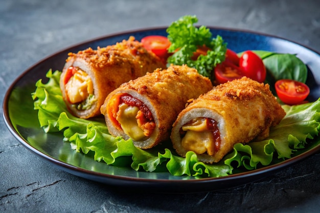 Photo crispy fried rolls with ketchup dip