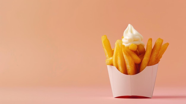 Photo crispy fries topped with delicate swirl of creamy ice cream