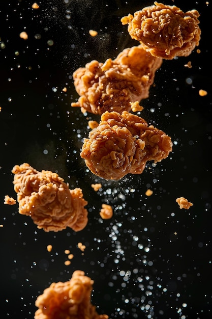 Photo crispy golden fried chicken floating in midair on a deep black background for a mouthwatering visual