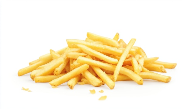 Crispy golden fries piled on a white surface after being freshly cooked