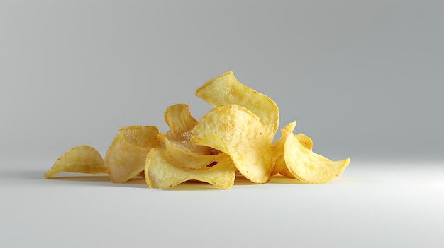 Crispy golden potato chips pile on a plain background Ideal for snack ads Simple and delicious comfort food Studio shot with natural lighting AI