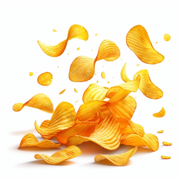 Photo crispy golden potato chips tumbling down in hyper realistic display on white background