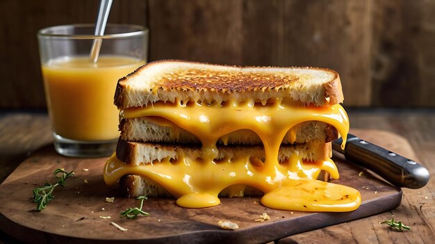 Photo crispy grilled cheese with cheese stretching between halves floating above wooden table