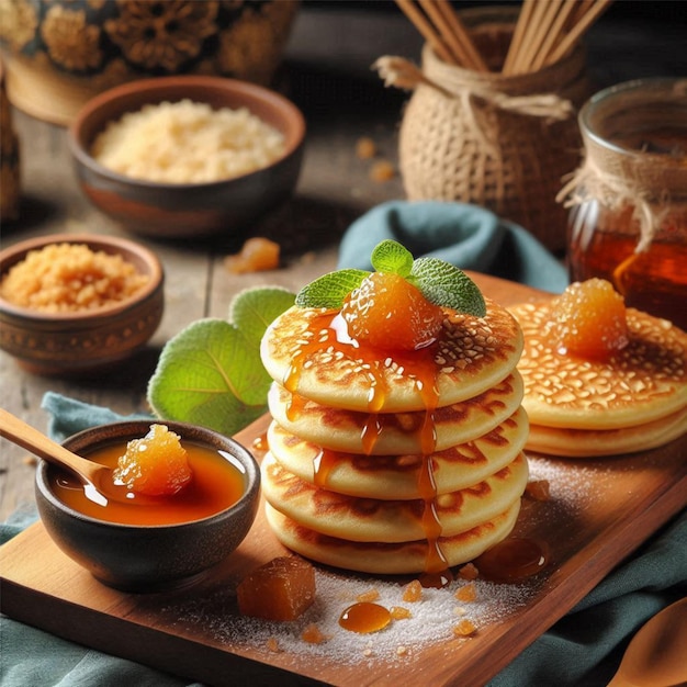 Photo crispy indonesian coconut pancake with caramel filling