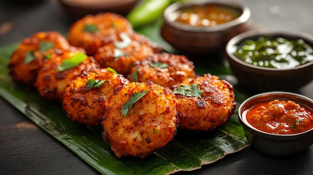 Photo crispy masala vada served hot on a banana leaf