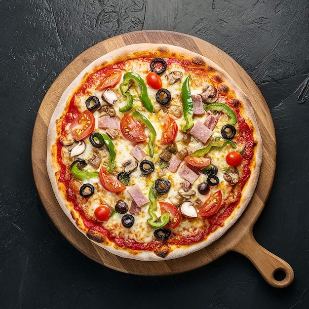 Crispy mixed pizza with tomato olives and sausage