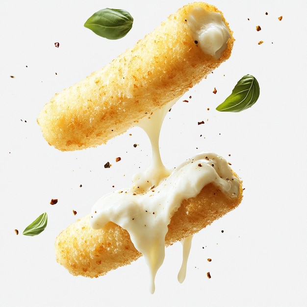 Photo crispy mozzarella sticks with melting cheese flying in motion