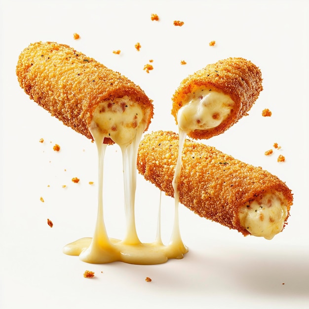 Photo crispy mozzarella sticks with melting cheese flying in motion