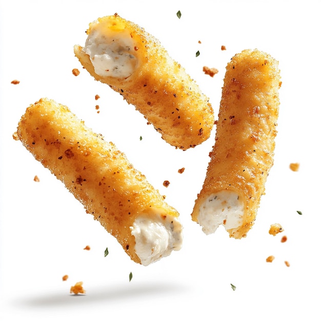 Photo crispy mozzarella sticks with melting cheese flying in motion