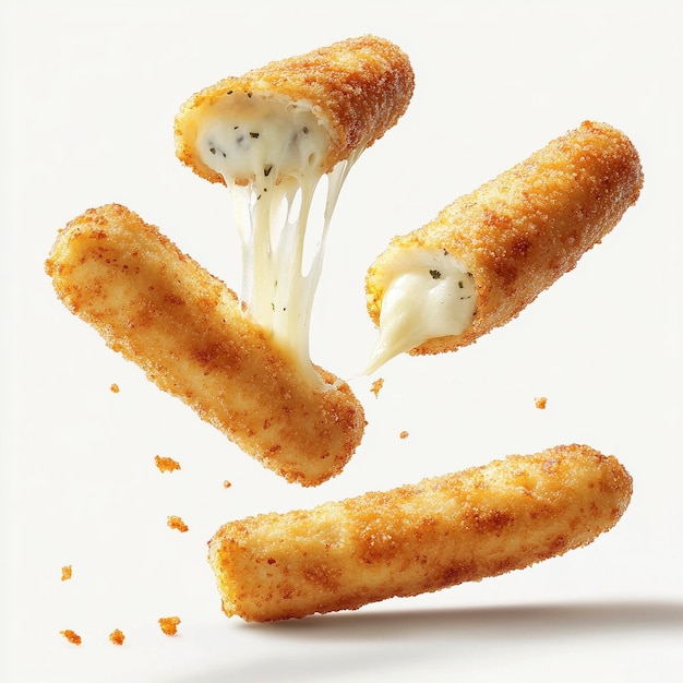 Photo crispy mozzarella sticks with melting cheese flying in motion