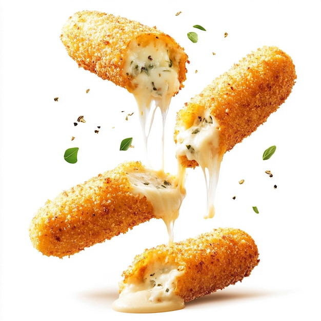 Photo crispy mozzarella sticks with melting cheese flying in motion