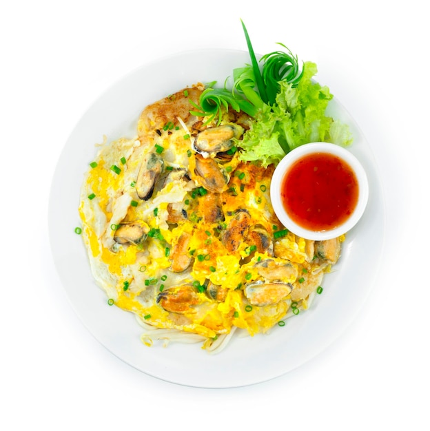 Crispy Mussels Pancakes Asian food served sweet chili sauce carving spring onions topview