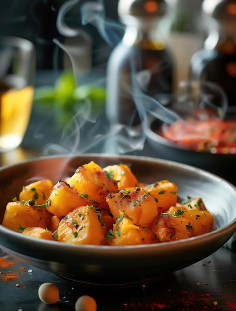 Crispy Patatas Bravas with fresh herbs a classic Spanish tapas close up