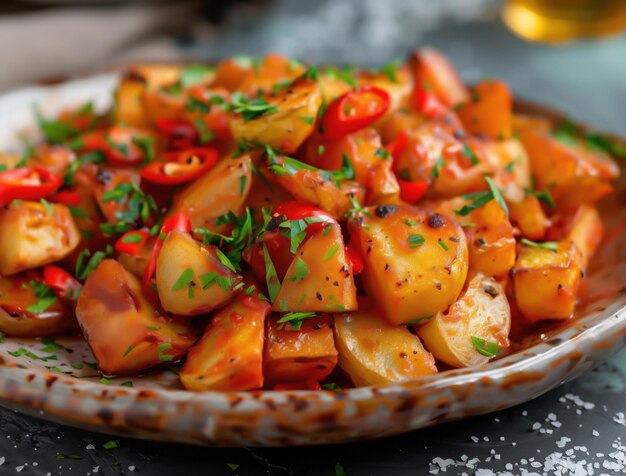 Photo crispy patatas bravas with fresh herbs a classic spanish tapas close up