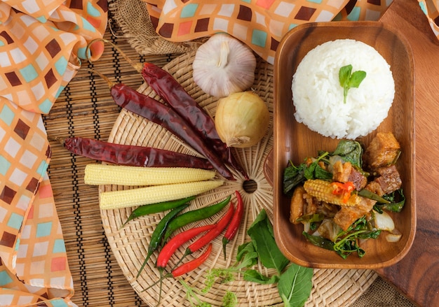 Crispy pork belly with Thai basil. Classic Thai dish