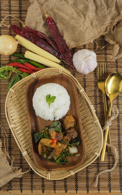 Crispy pork belly with Thai basil. Classic Thai dish