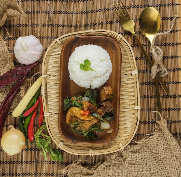 Crispy pork belly with Thai basil. Classic Thai dish