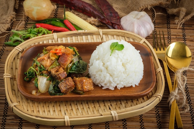 Crispy pork belly with Thai basil. Classic Thai dish