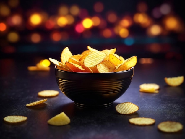 Crispy potato chips in a bowl neon dark in the background generative ai