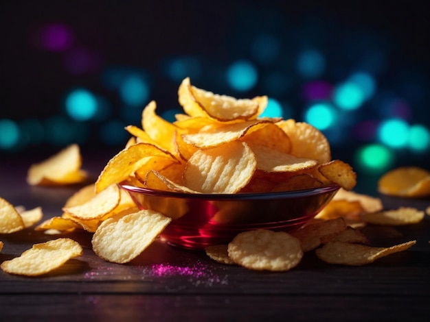 Crispy potato chips in a bowl neon dark in the background generative ai