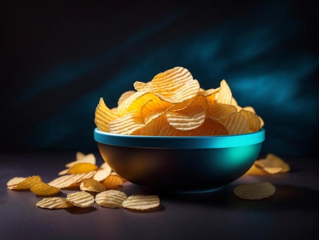 Crispy potato chips in a bowl neon dark in the background generative ai