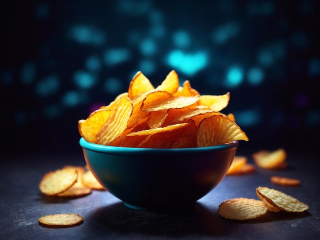 Crispy potato chips in a bowl neon dark in the background generative ai