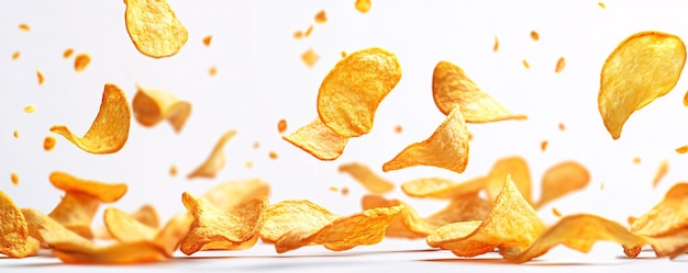 Crispy potato chips falling and flying on white background