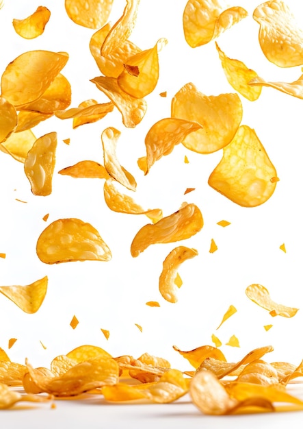 Photo crispy potato chips falling and laying on a white background