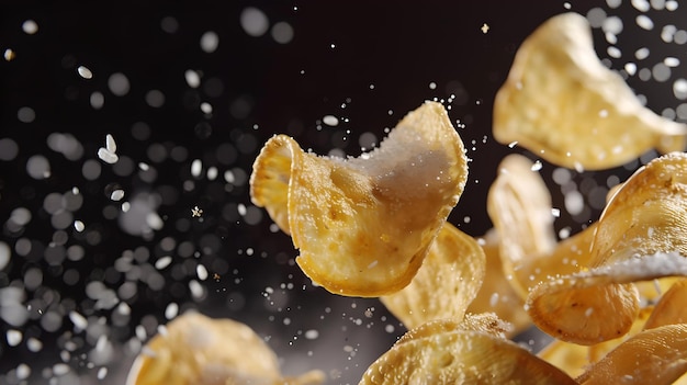 Crispy potato chips frozen in midair dynamic snack food capture with flying salt particles highspeed photography in action AI