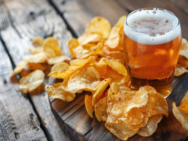 Photo crispy potato chips served with a cold beer on a rustic wooden table