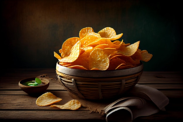 Crispy Potato Chips in a wicker Bowl