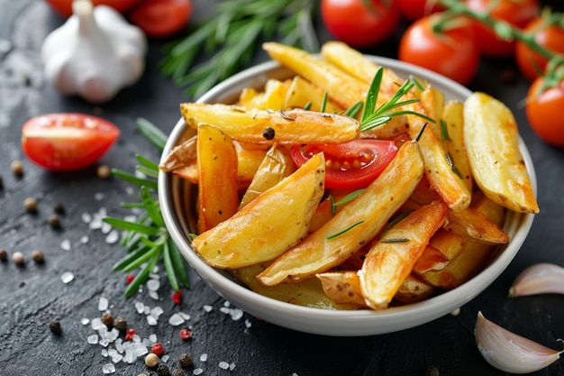 Photo crispy potato fries with herbs