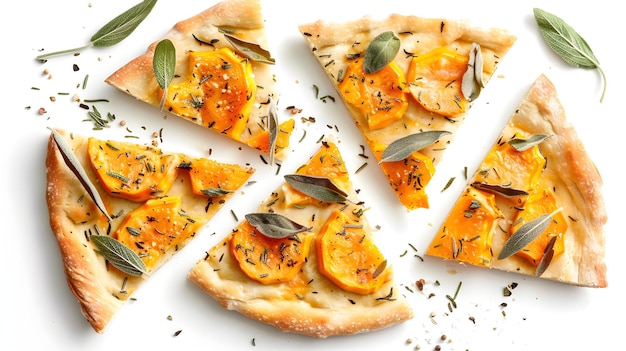 Crispy Pumpkin Sage Flatbread Slices on White Background