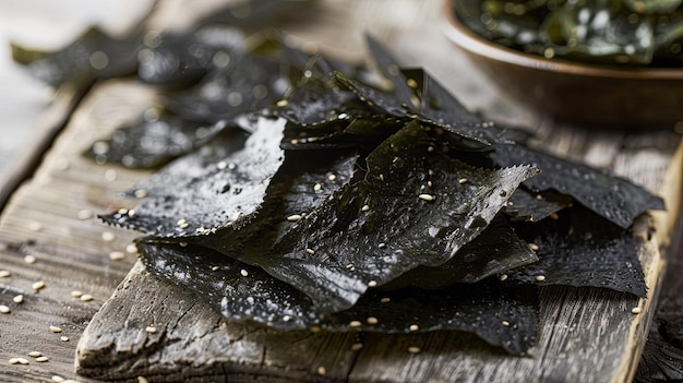 Photo crispy seaweed chips sprinkled with sesame seeds arranged on a rustic wooden surface