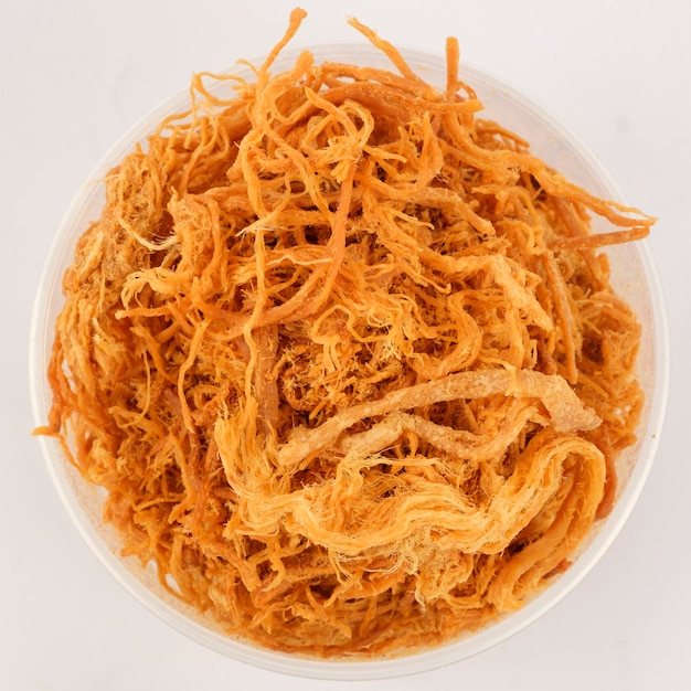 Crispy Shredded Pork with circle shape on white background