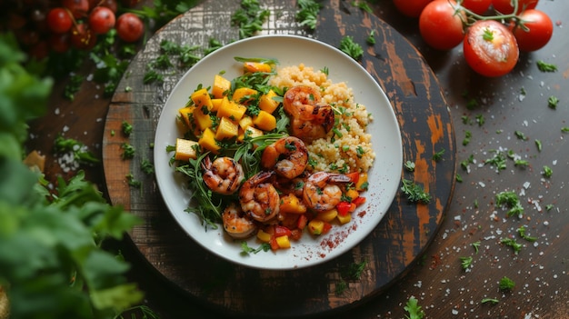 Crispy Shrimp with Rice and Vegetables on a Plate