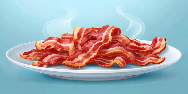 Crispy sizzling bacon strips served on a white plate against a light blue background Perfect breakfast food photo