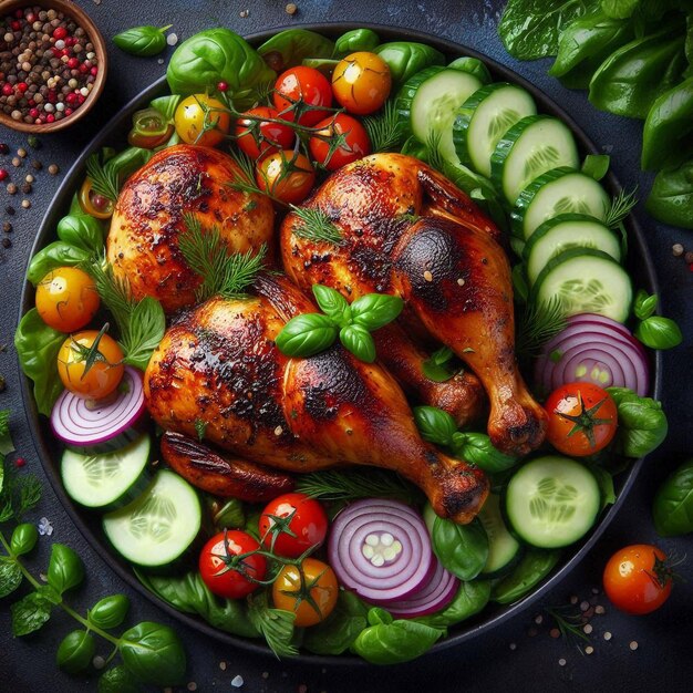 Photo crispy spicy fried chicken served with fresh salad on a plate